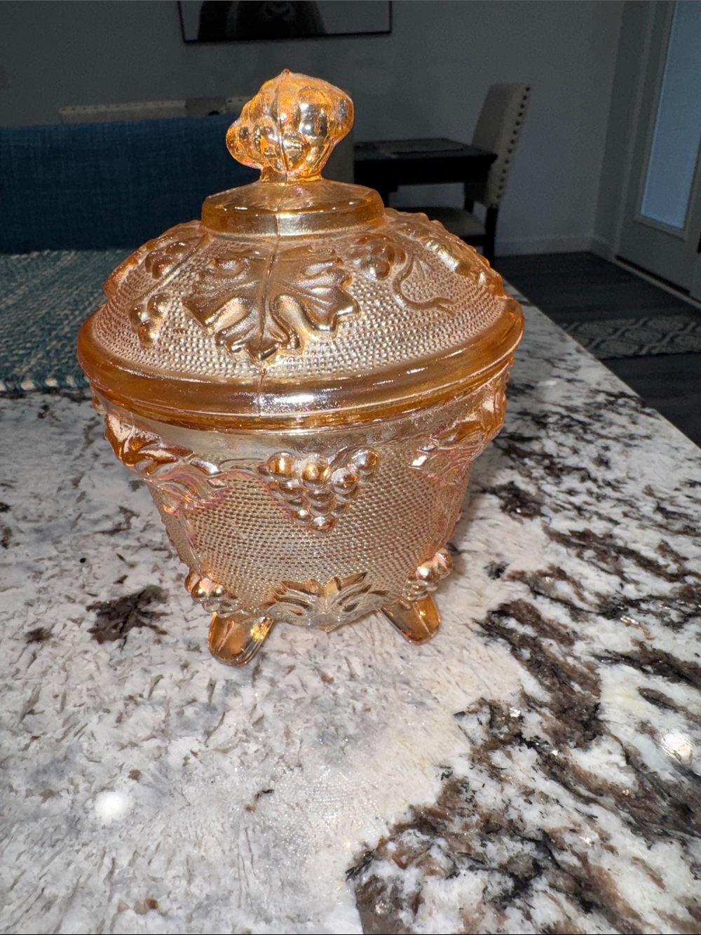 Vintage carnival glass Marigold, Harvest Pattern  Glass Candy Dish with Lid